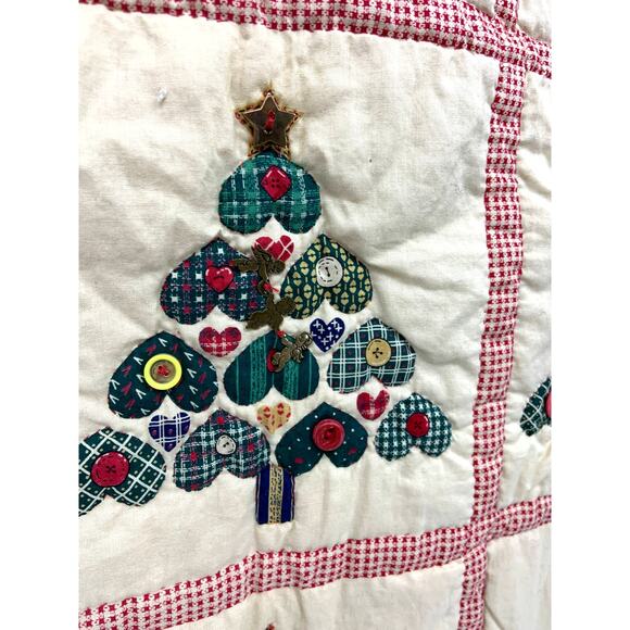 Hand Stitch Christmas Tree Patchwork Heart Carpet Rug Beige Rectangular Buttons - Picture 4 of 7